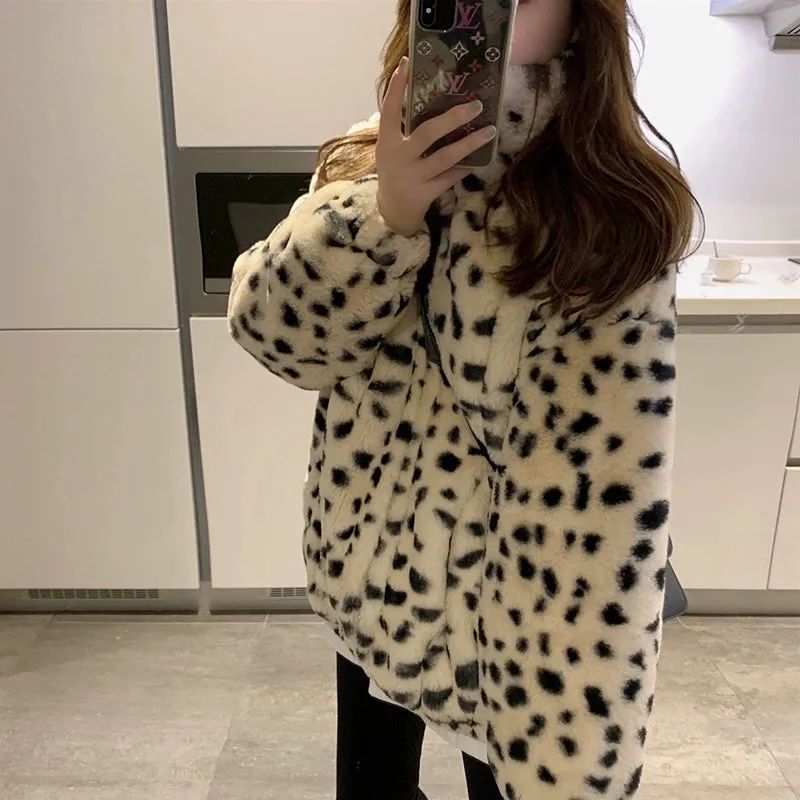 "Leopard Print Fluffy Lamb Coat | Women's Thickened Fleece Short Jacket - Autumn Winter 2024 Trend"