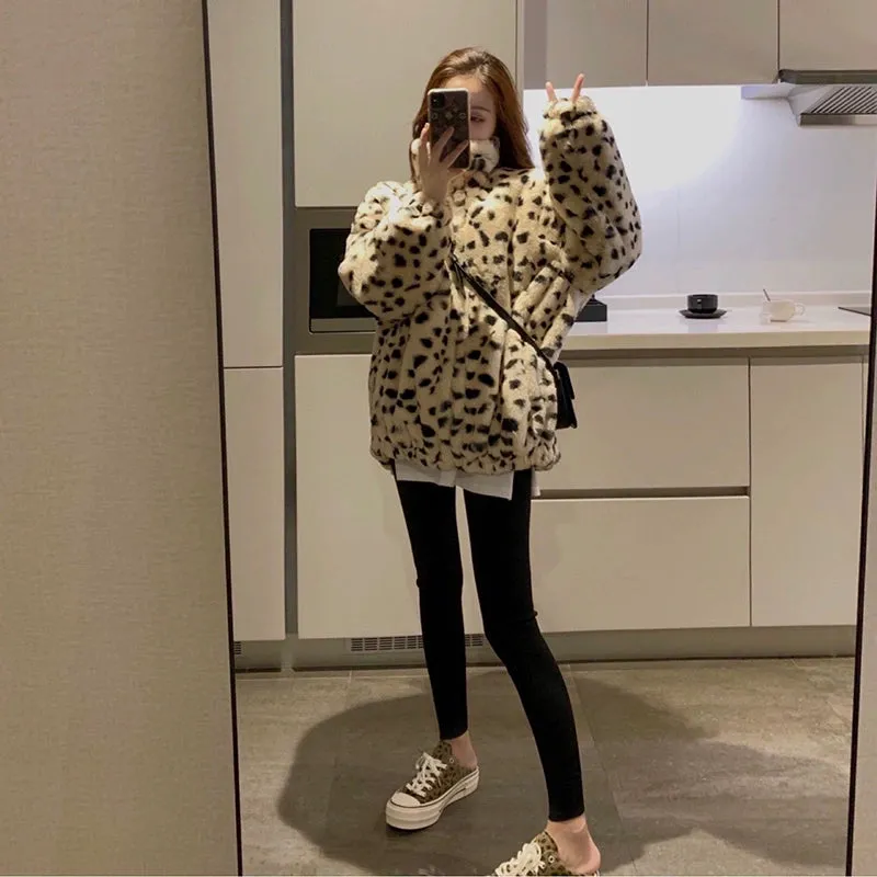 "Leopard Print Fluffy Lamb Coat | Women's Thickened Fleece Short Jacket - Autumn Winter 2024 Trend"