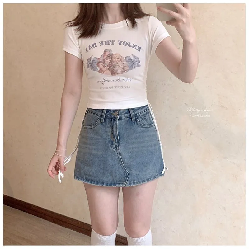 Retro Elasticity Lycra Letter Print Short Sleeve Tee