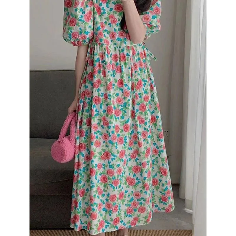 Round Neck Retro Floral Print A-Line Versatile Loose-Fit Slimming Dress