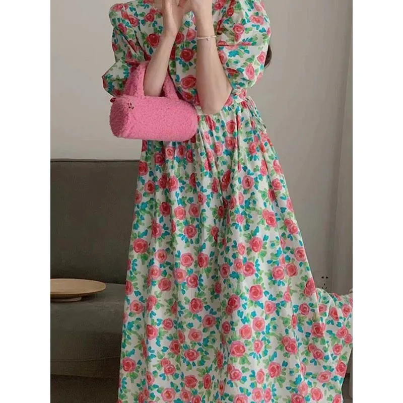 Round Neck Retro Floral Print A-Line Versatile Loose-Fit Slimming Dress