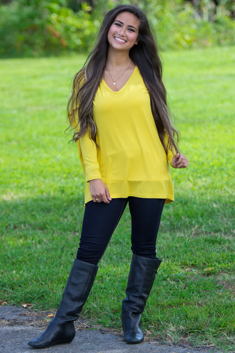 SALE-The Perfect Piko V-Neck Top-Mustard