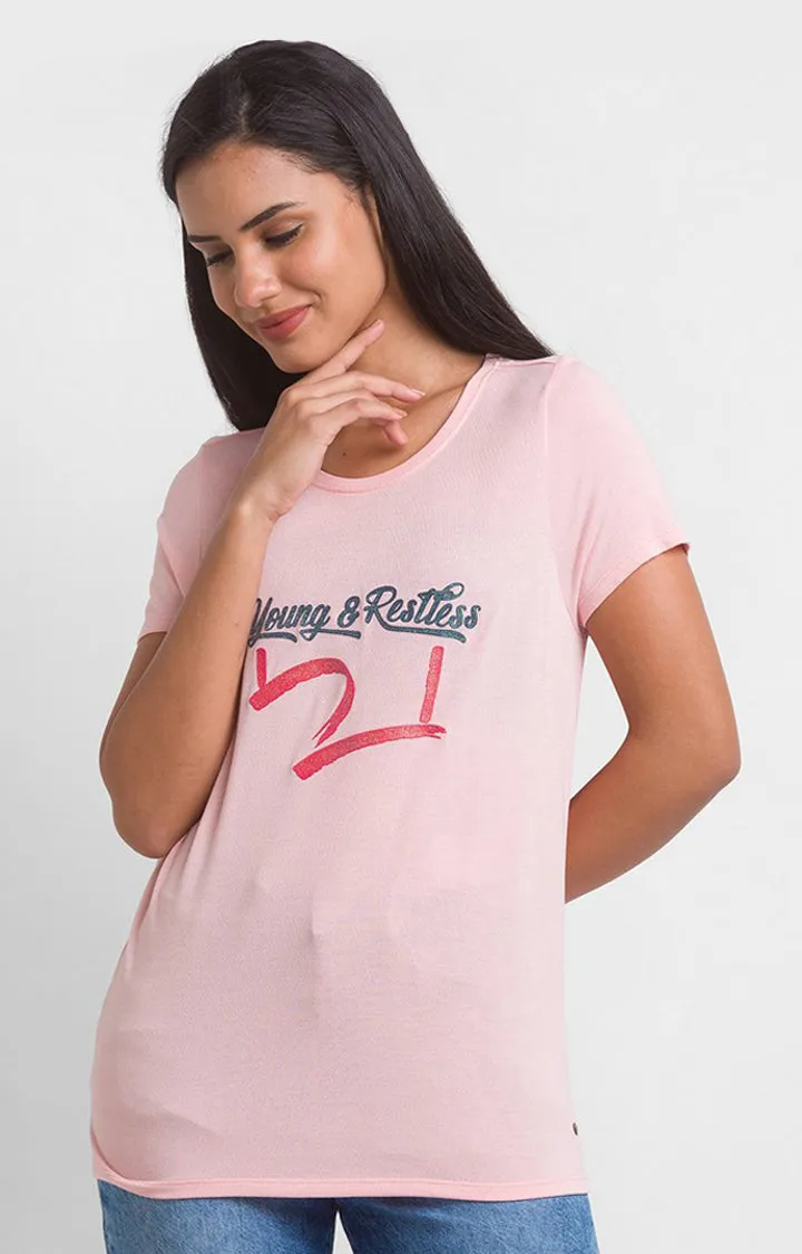 Spykar Baby Pink Blend Half Sleeve Printed Casual T-Shirts For Women