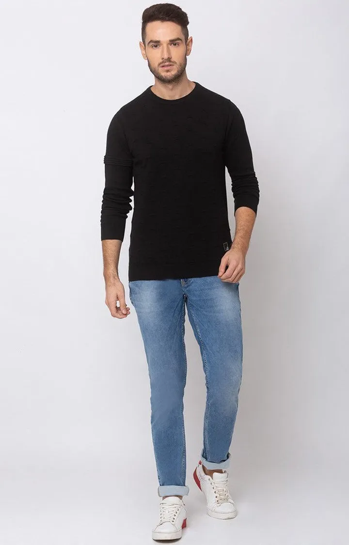 Spykar Black Cotton Regular Fit Sweater For Men