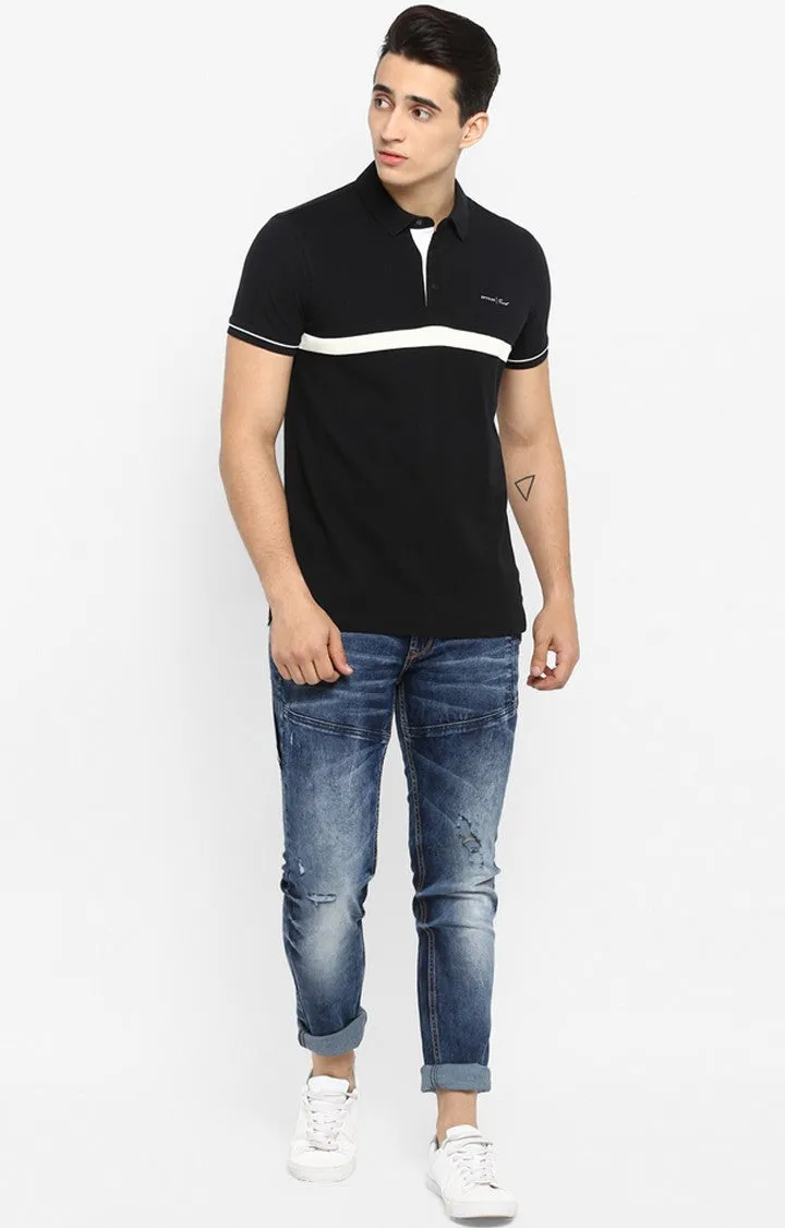 Spykar Black Striped Slim Fit Polos T-Shirt