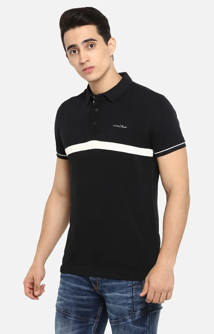 Spykar Black Striped Slim Fit Polos T-Shirt