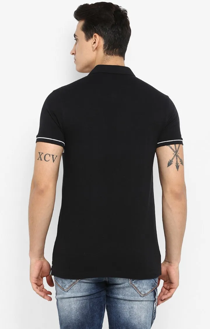 Spykar Black Striped Slim Fit Polos T-Shirt