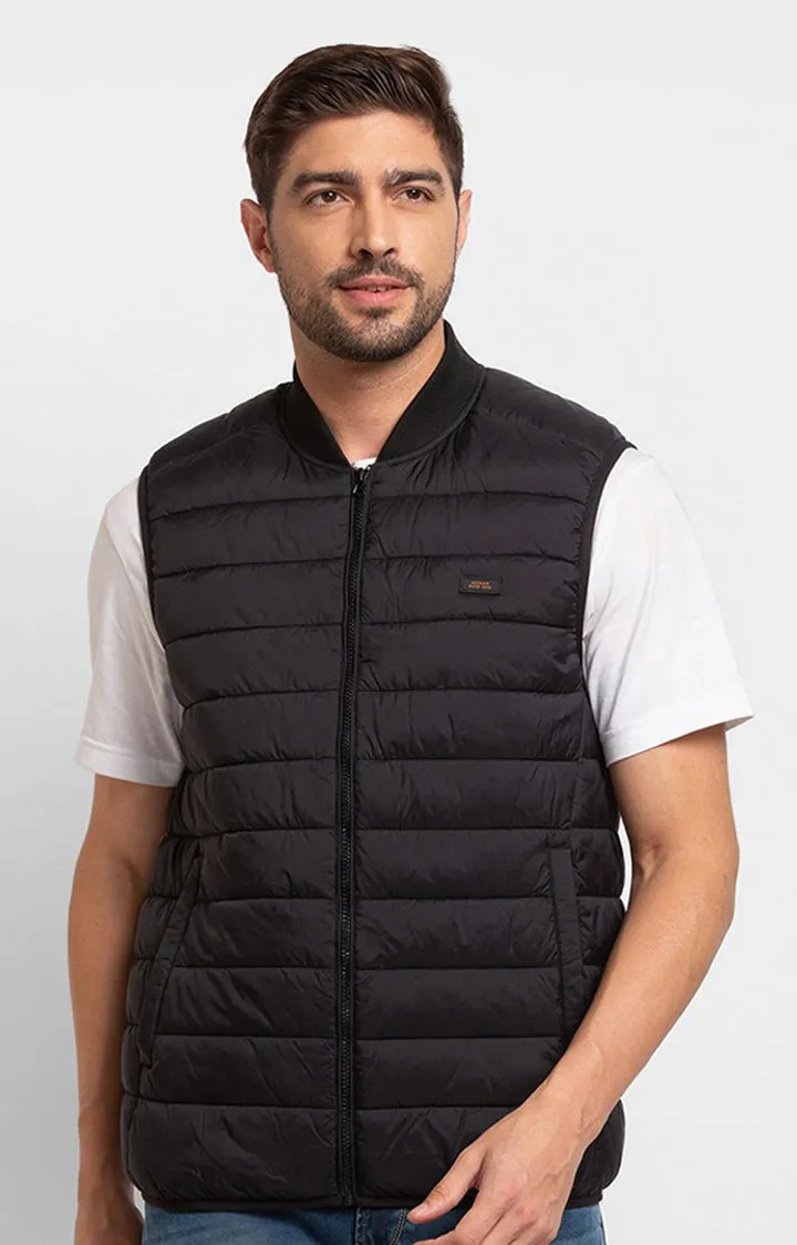 Spykar Jet Black Polyester Sleeveless Casual Jacket For Men