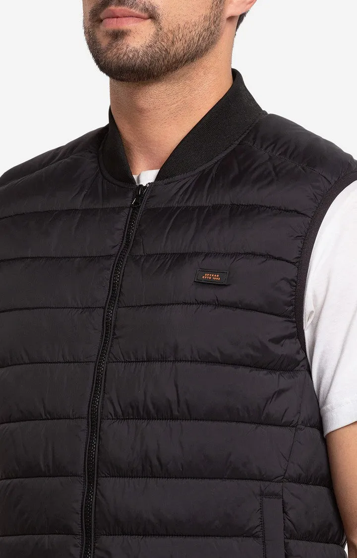 Spykar Jet Black Polyester Sleeveless Casual Jacket For Men