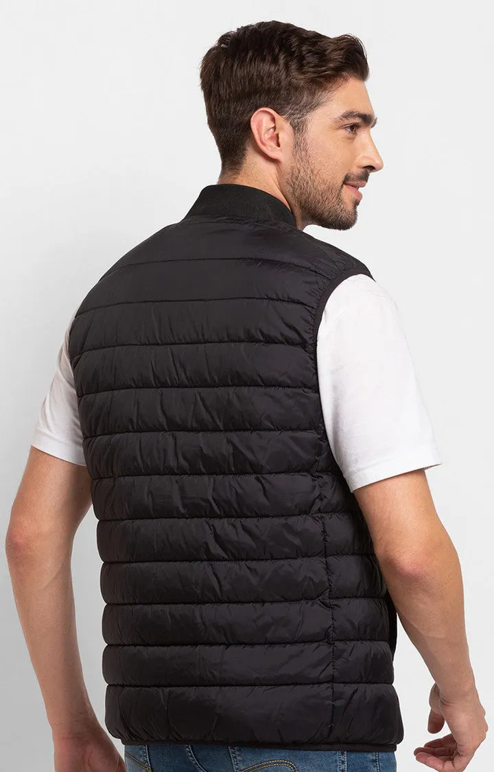 Spykar Jet Black Polyester Sleeveless Casual Jacket For Men