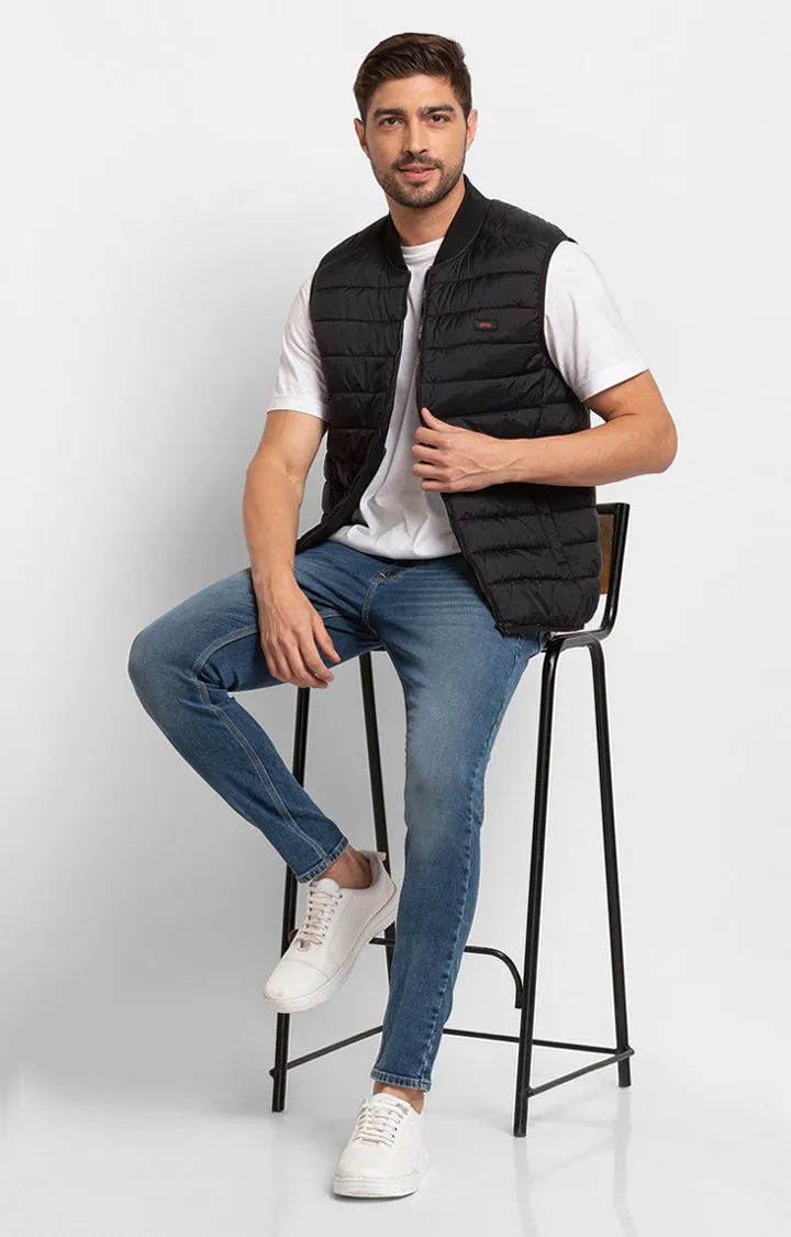 Spykar Jet Black Polyester Sleeveless Casual Jacket For Men