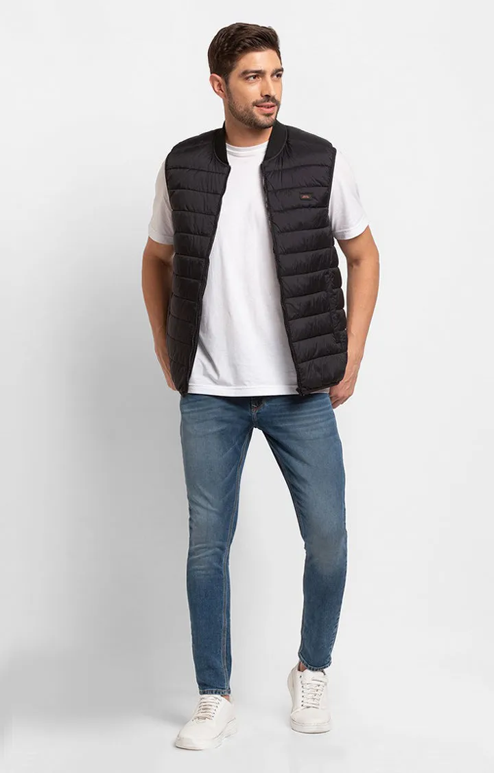 Spykar Jet Black Polyester Sleeveless Casual Jacket For Men