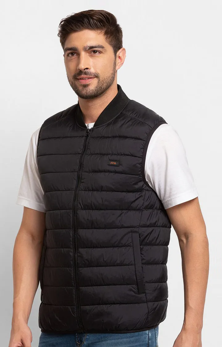 Spykar Jet Black Polyester Sleeveless Casual Jacket For Men