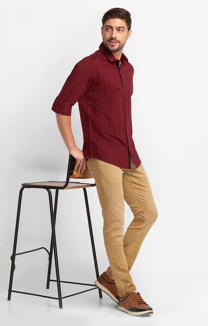 Spykar Maroon Cotton Full Sleeve Plain Shirt For Men