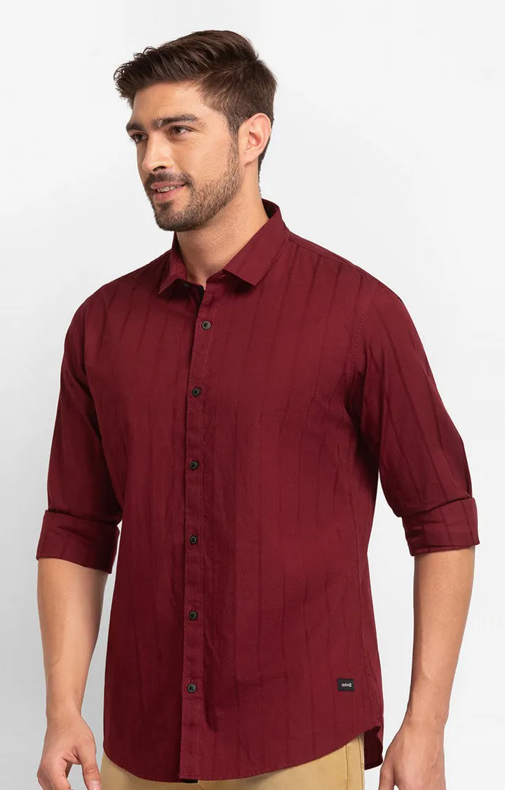 Spykar Maroon Cotton Full Sleeve Plain Shirt For Men