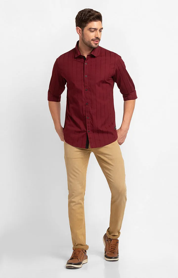 Spykar Maroon Cotton Full Sleeve Plain Shirt For Men