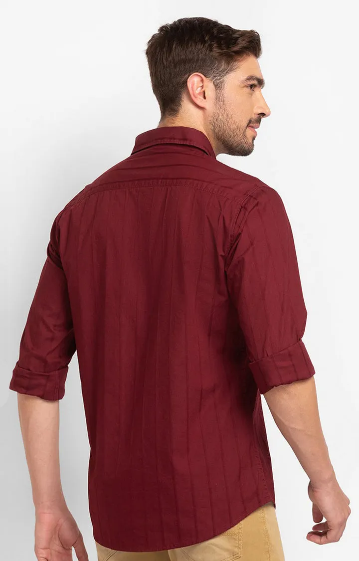 Spykar Maroon Cotton Full Sleeve Plain Shirt For Men