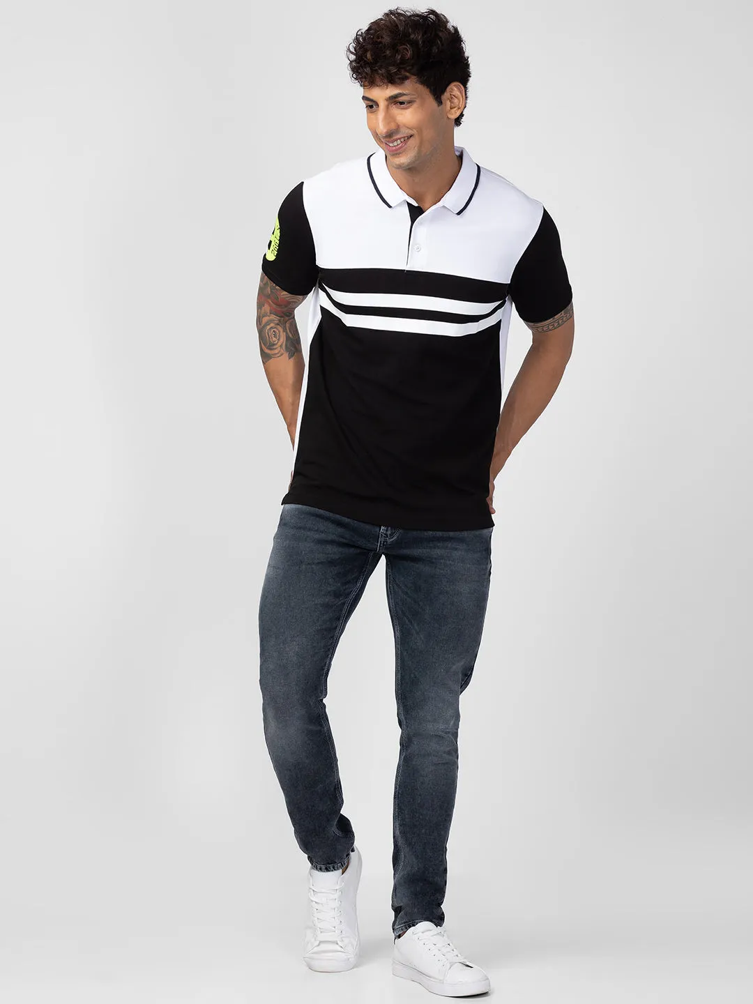 Spykar Men Black Cotton Regular Fit Half Sleeve Printed Polo T-Shirt