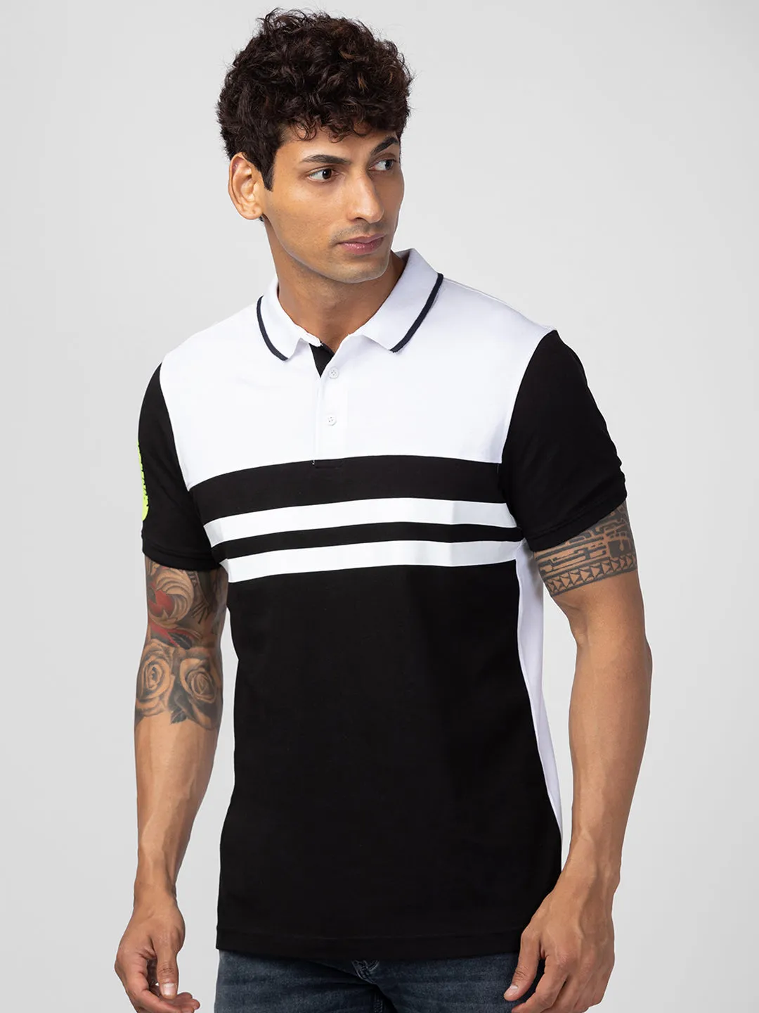 Spykar Men Black Cotton Regular Fit Half Sleeve Printed Polo T-Shirt