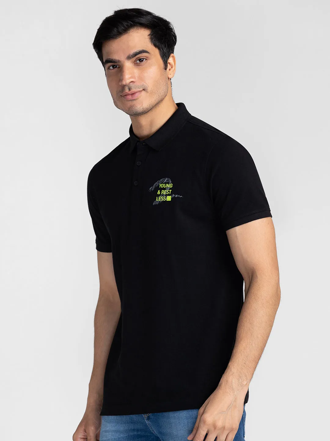 Spykar Men Black Cotton Slim Fit Polo Plain T-Shirt