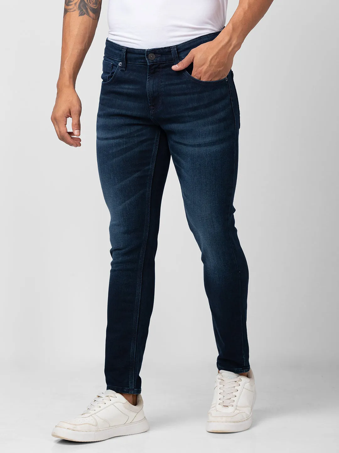 Spykar Men Dark Blue Cotton Stretch Slim Fit Tapered Length Jeans (Kano)