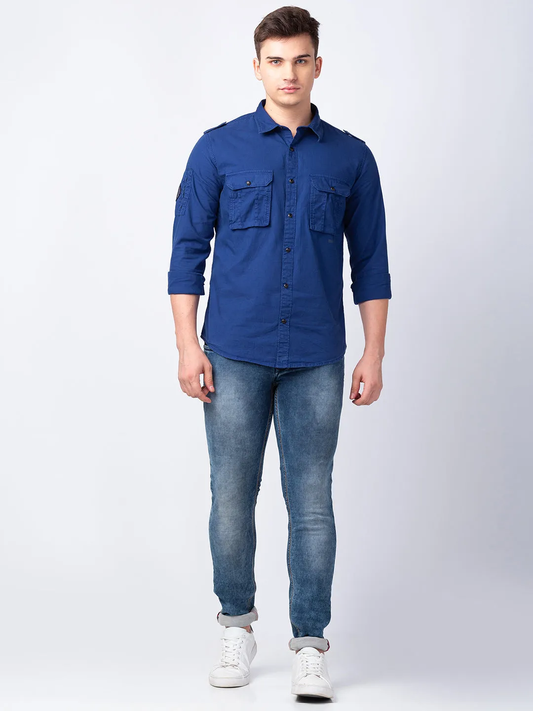 Spykar Men Indigo Blue Cotton Regular Slim Fit Plain Shirt