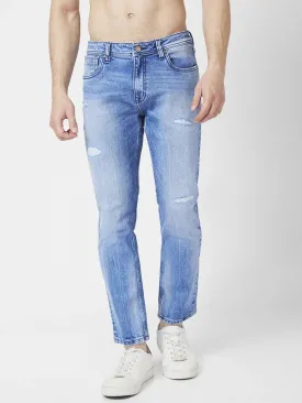 Spykar Men Light Blue Cotton Regular Fit Narrow Length Mild Distressed Mid Rise Jeans (Rover)