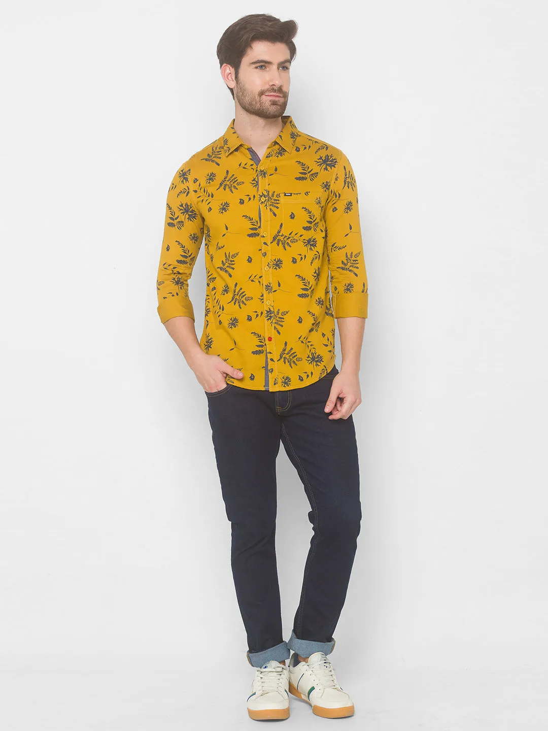 Spykar Men Mustard Yellow Cotton Slim Fit Shirt