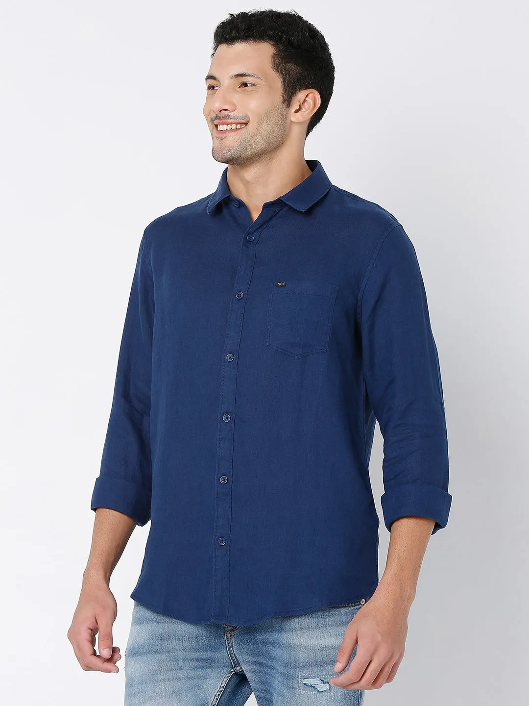 Spykar Men Navy Blue Cotton Full Sleeve Plain Shirt