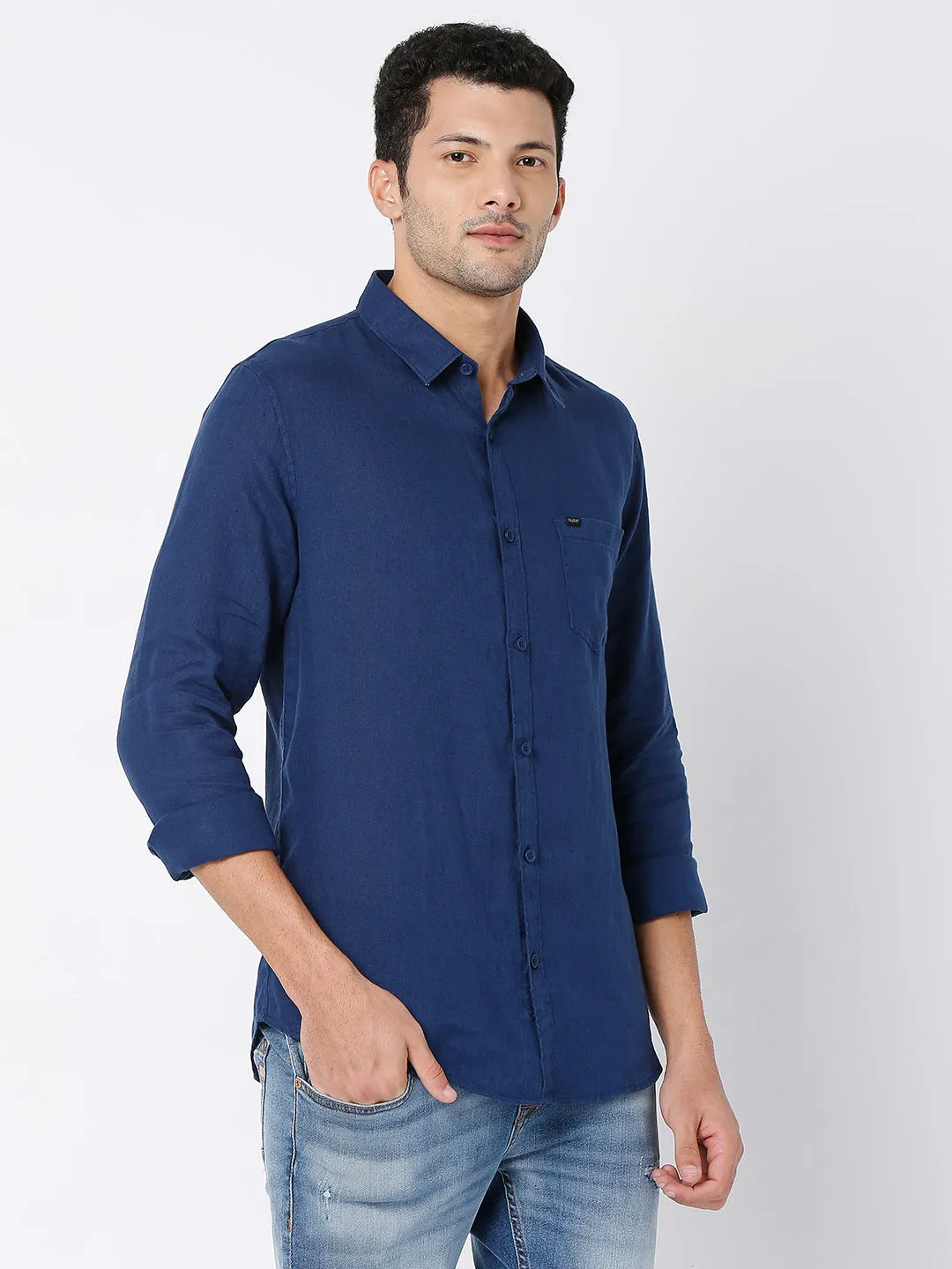 Spykar Men Navy Blue Cotton Full Sleeve Plain Shirt