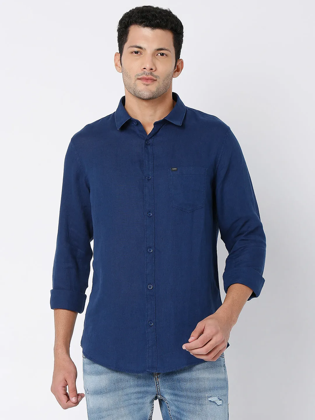 Spykar Men Navy Blue Cotton Full Sleeve Plain Shirt