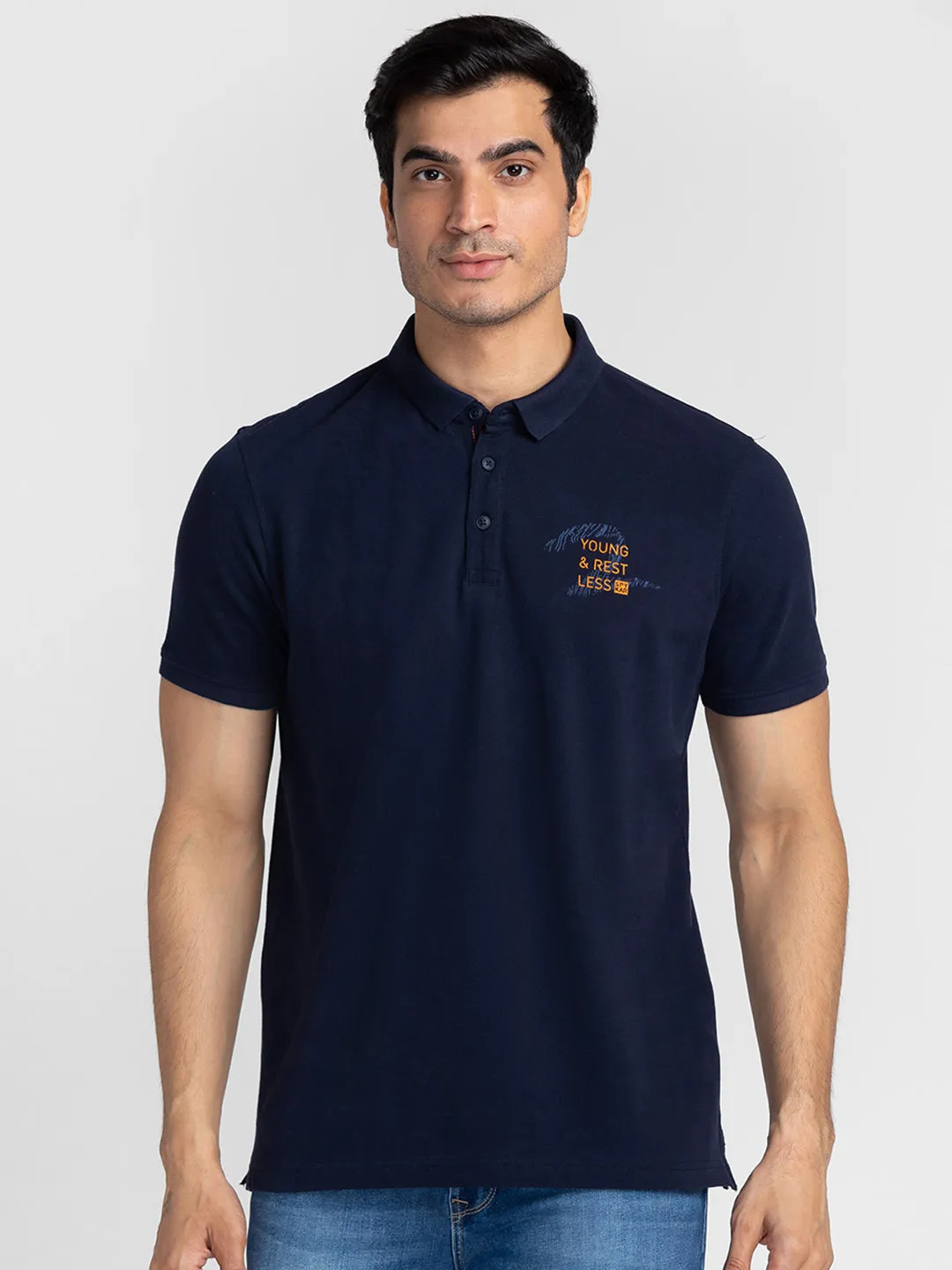 Spykar Men Navy Blue Cotton Slim Fit Polo Plain T-Shirt