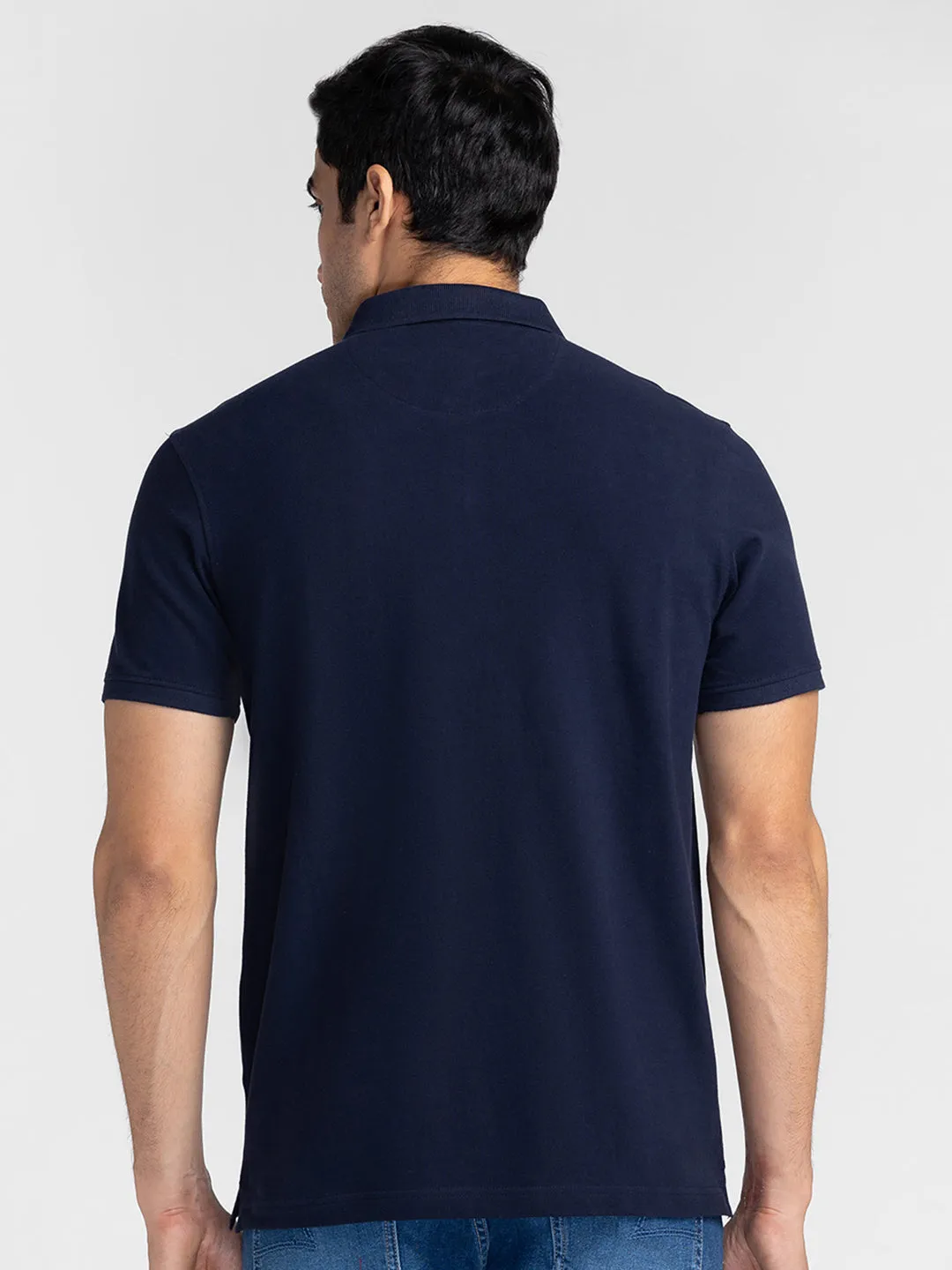 Spykar Men Navy Blue Cotton Slim Fit Polo Plain T-Shirt