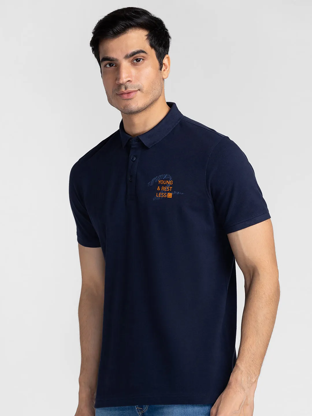 Spykar Men Navy Blue Cotton Slim Fit Polo Plain T-Shirt