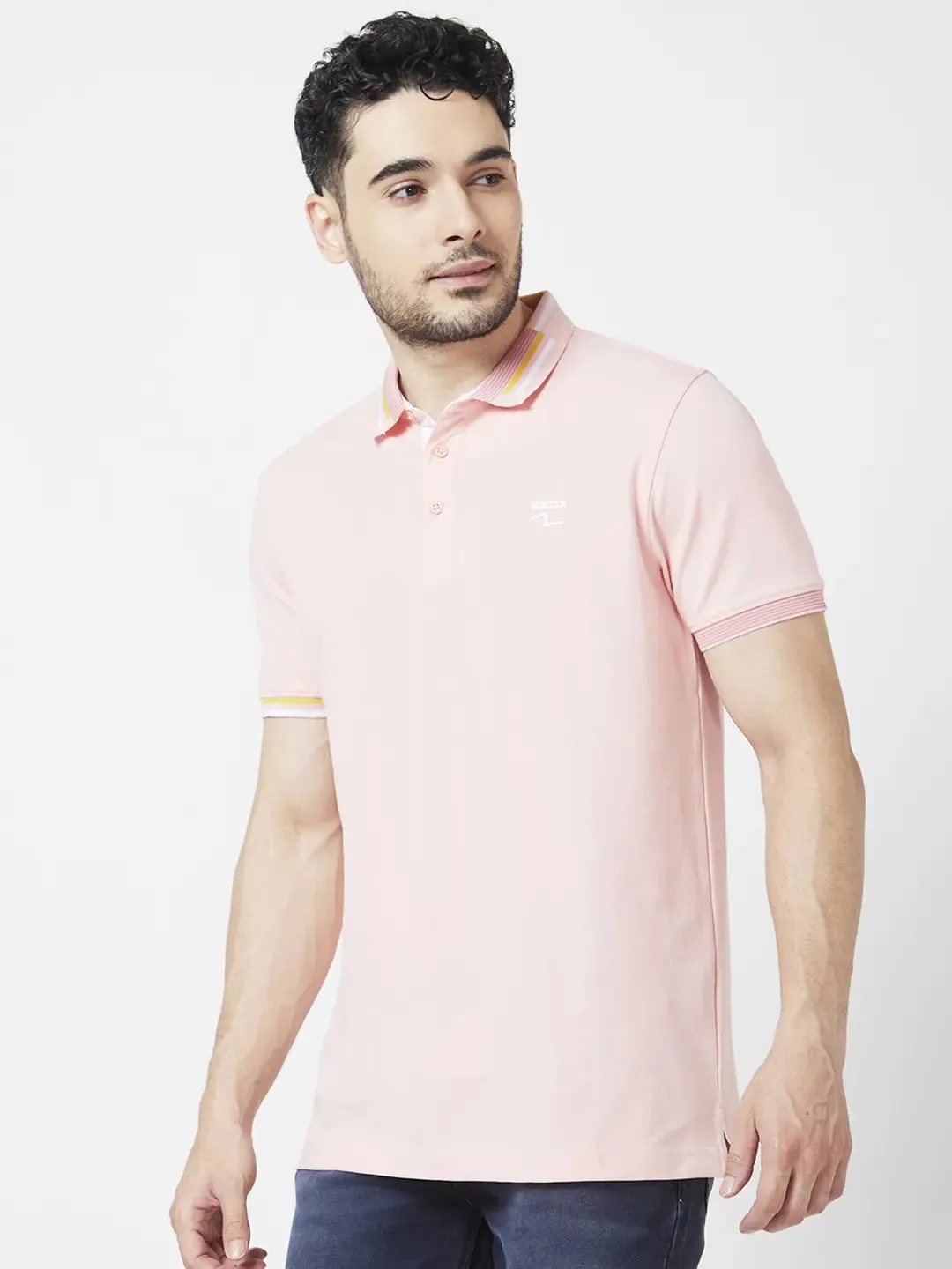 Spykar Men Peach Pink Blended Slim Fit Half Sleeve Polo Neck Plain Tshirt