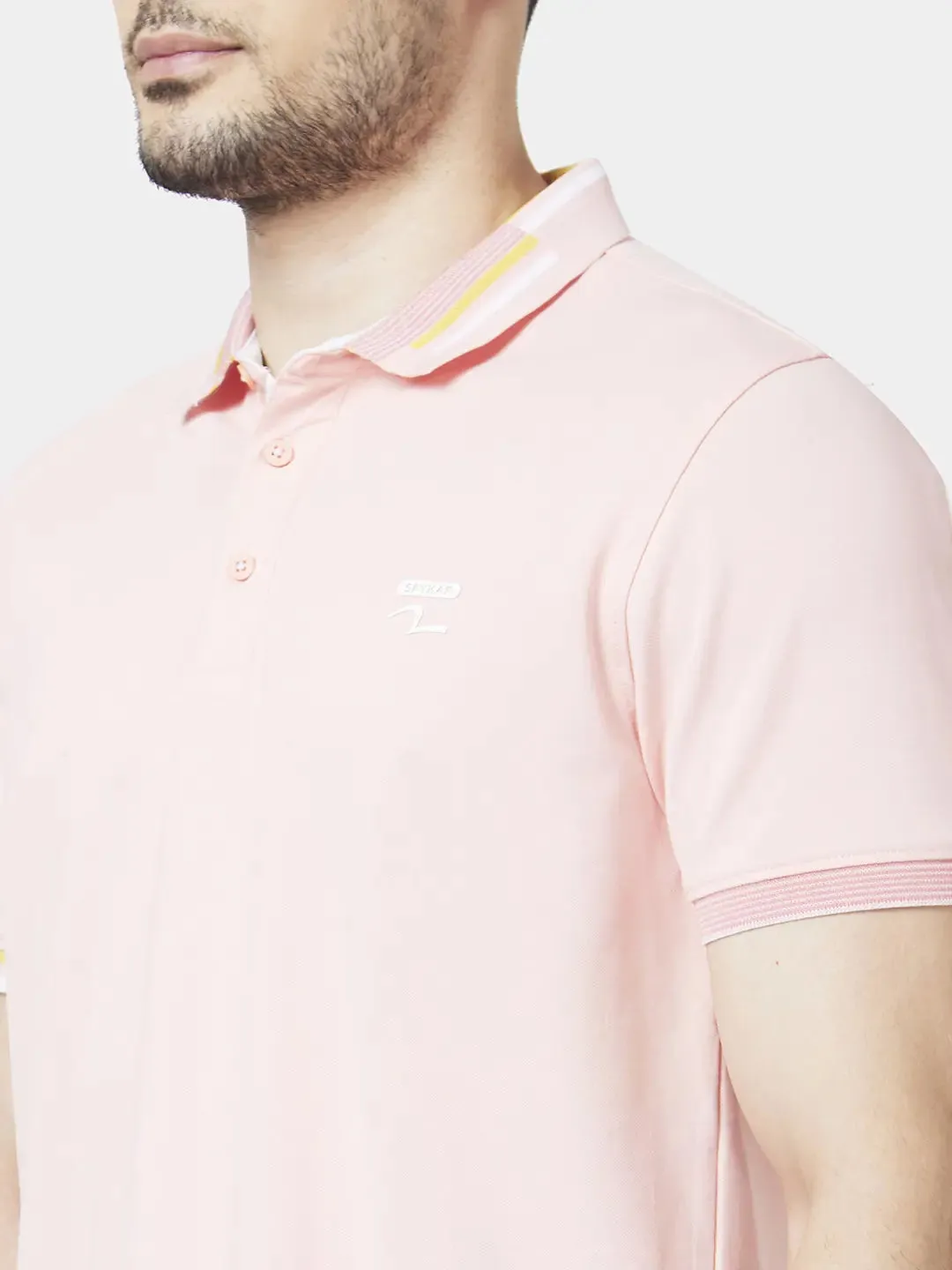 Spykar Men Peach Pink Blended Slim Fit Half Sleeve Polo Neck Plain Tshirt