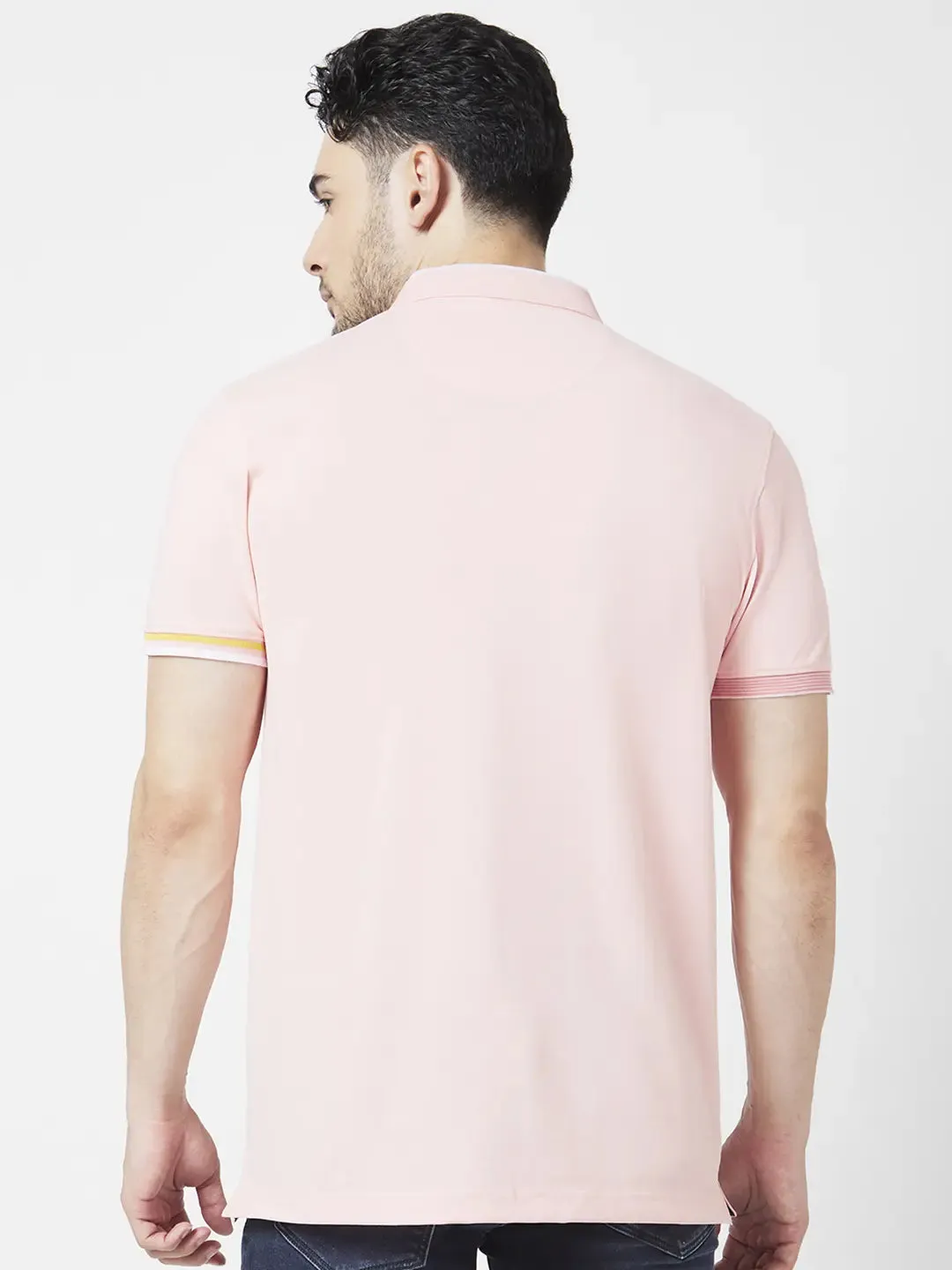 Spykar Men Peach Pink Blended Slim Fit Half Sleeve Polo Neck Plain Tshirt