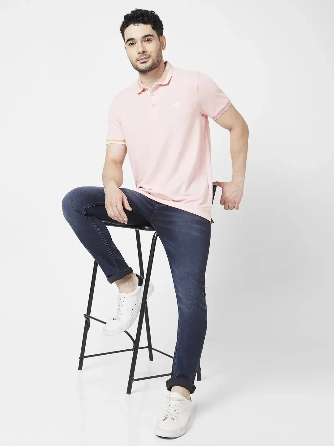 Spykar Men Peach Pink Blended Slim Fit Half Sleeve Polo Neck Plain Tshirt