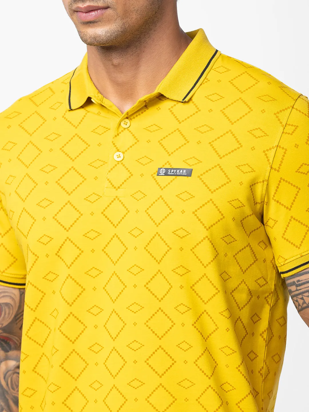 Spykar Men Sulphur Yellow Cotton Regular Fit Half Sleeve Printed Polo T-Shirt