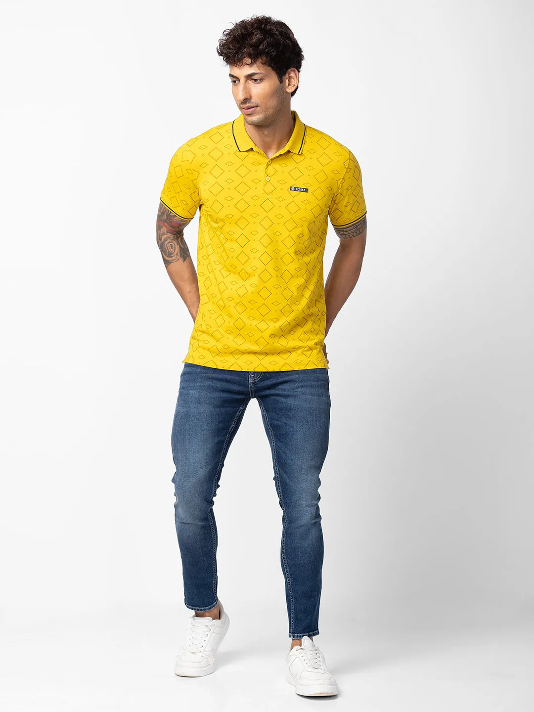 Spykar Men Sulphur Yellow Cotton Regular Fit Half Sleeve Printed Polo T-Shirt