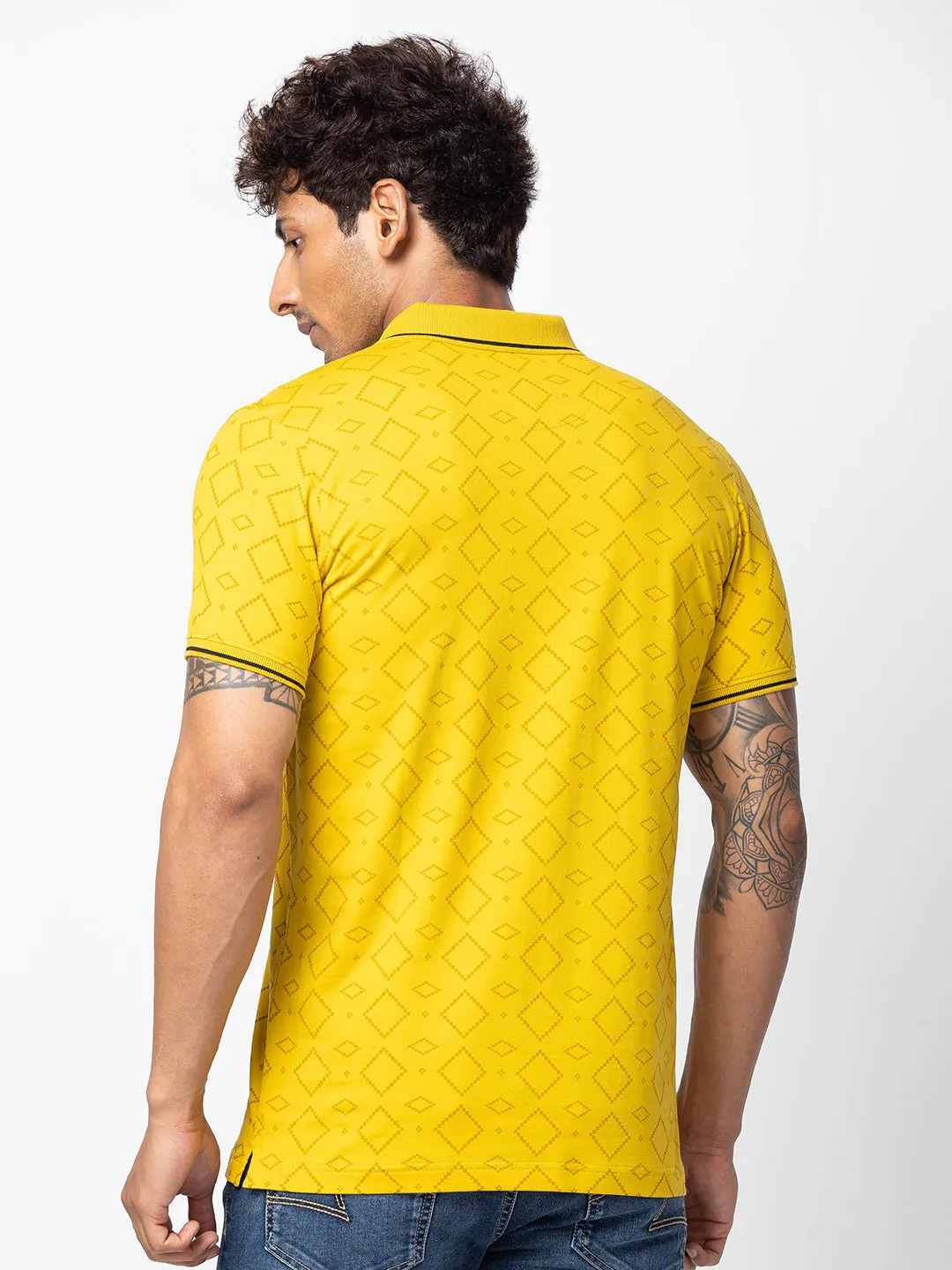 Spykar Men Sulphur Yellow Cotton Regular Fit Half Sleeve Printed Polo T-Shirt