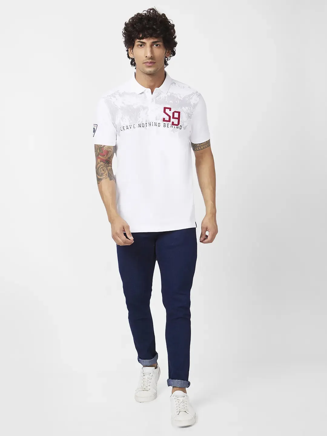 Spykar Men White Blended Slim Fit Half Sleeve Polo Neck Printed Tshirt