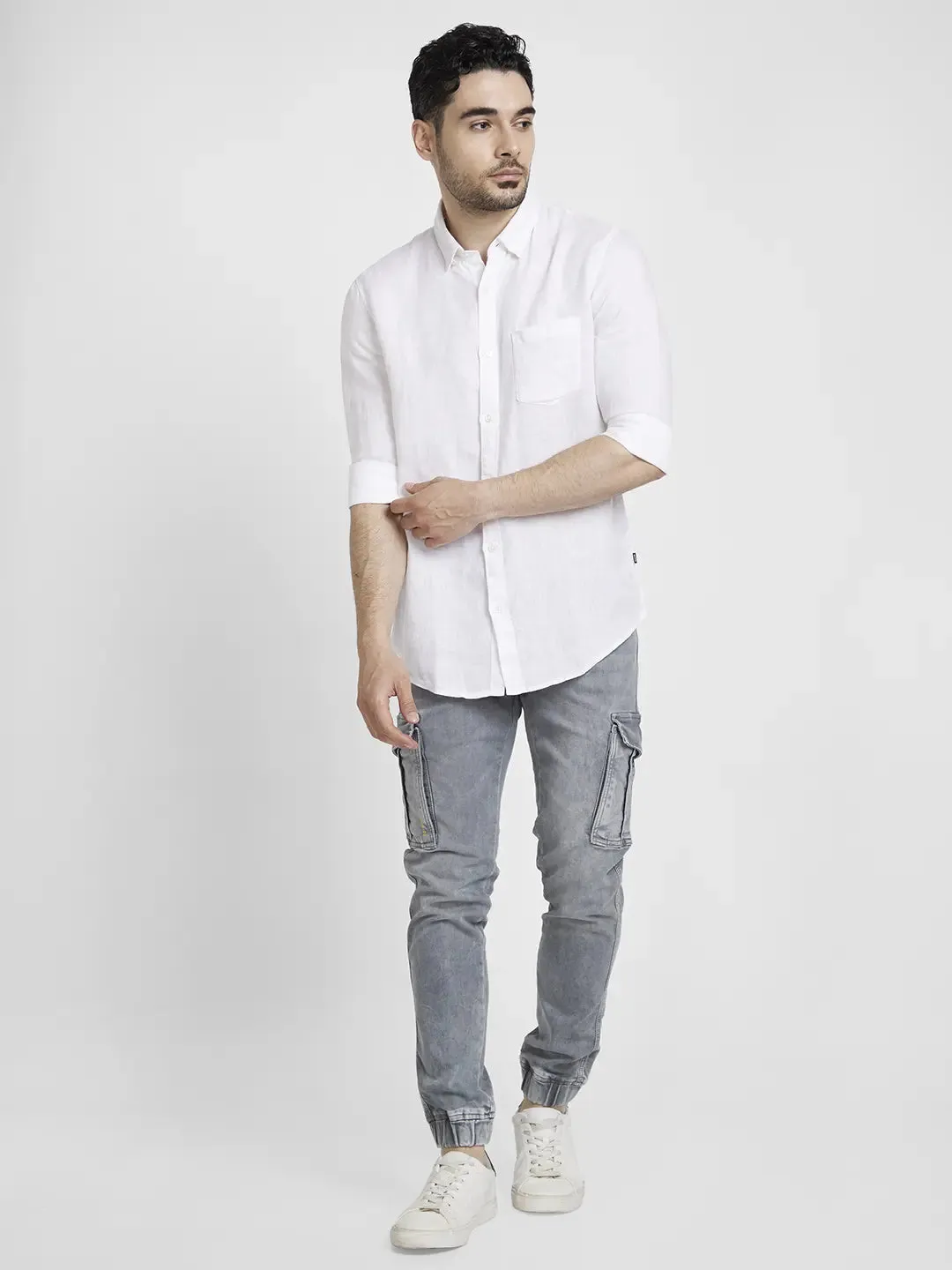 Spykar Men White Linen Slim Fit Plain Shirt