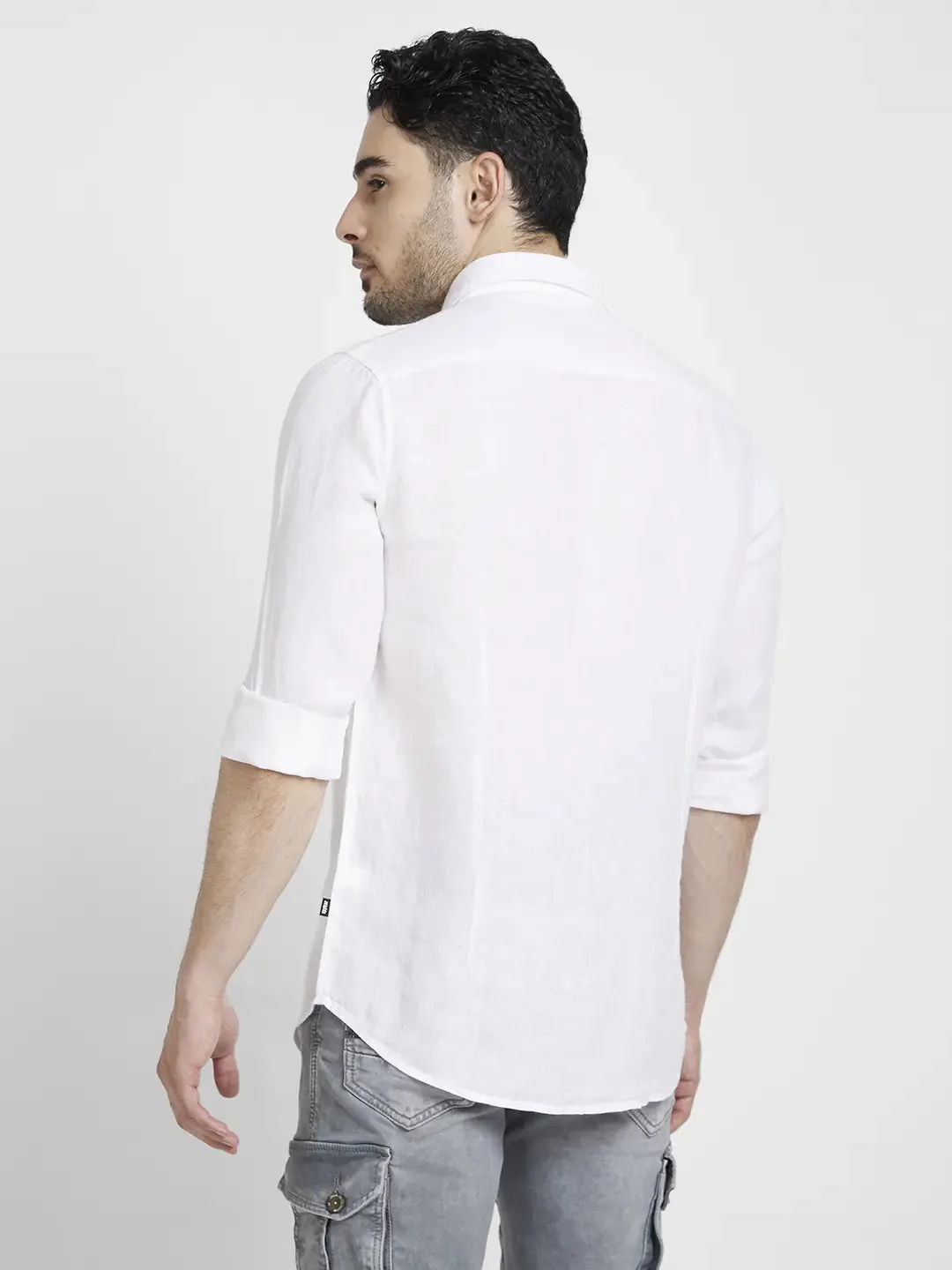 Spykar Men White Linen Slim Fit Plain Shirt