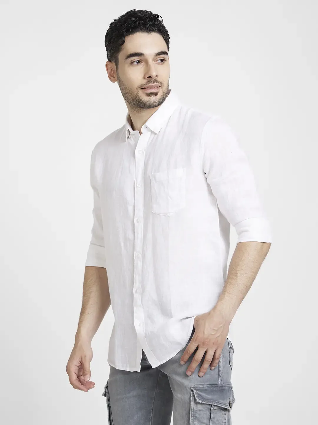 Spykar Men White Linen Slim Fit Plain Shirt