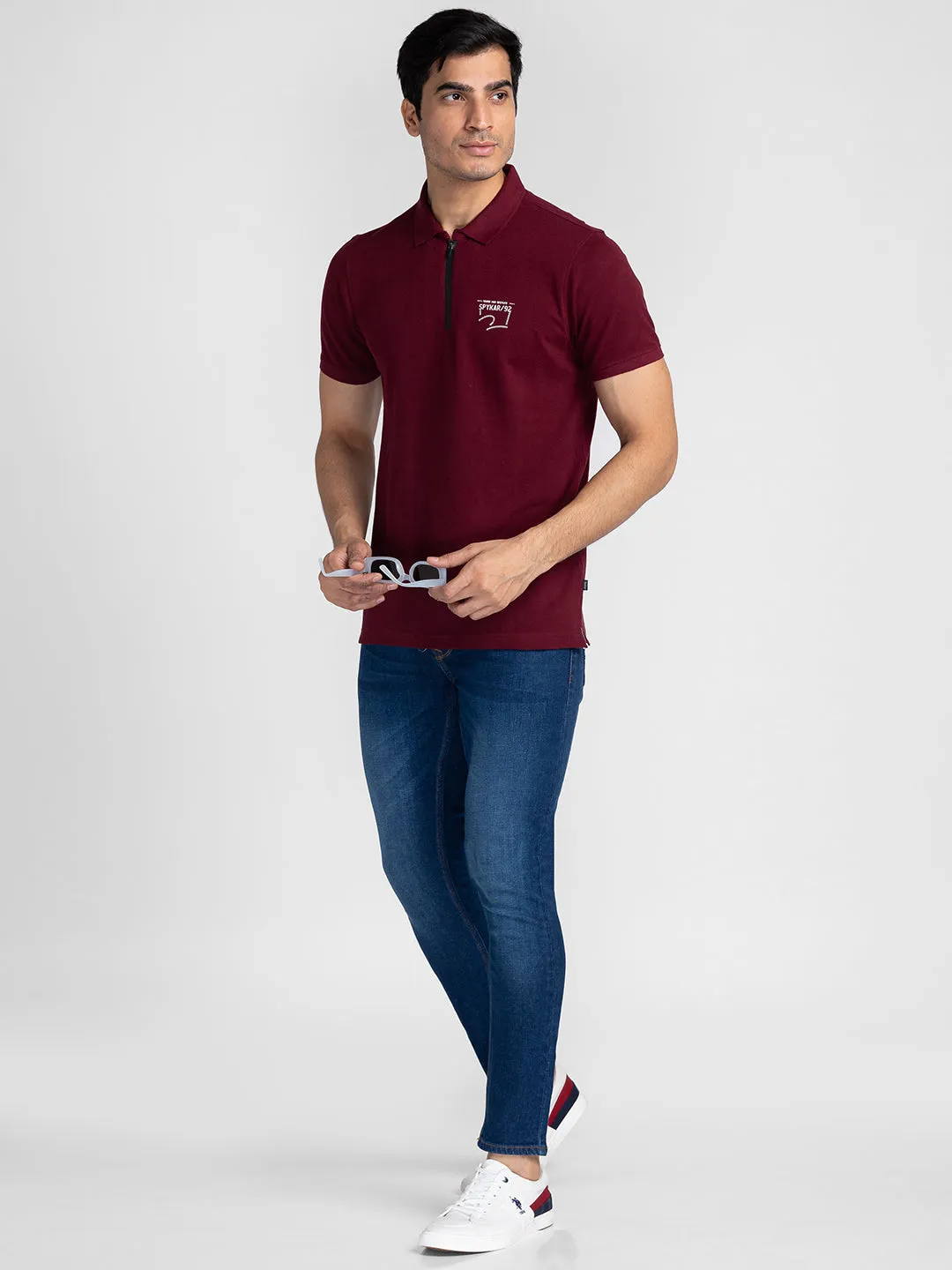 Spykar Men Wine Cotton Slim Fit Polo Printed T-Shirt