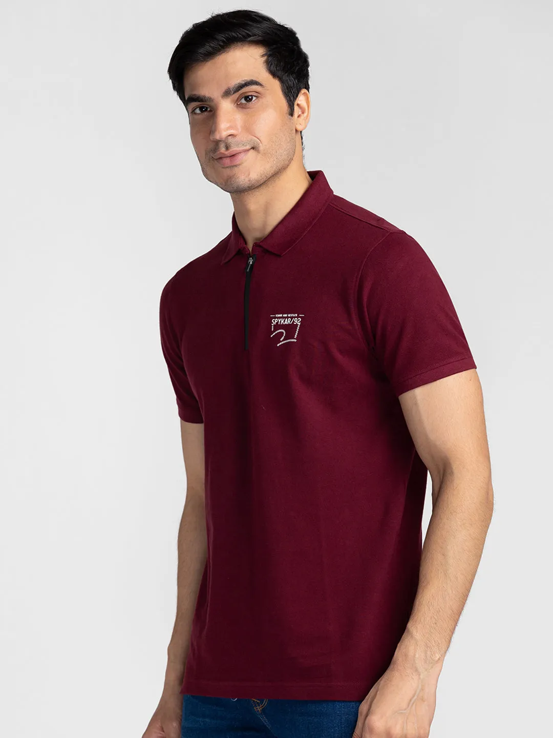 Spykar Men Wine Cotton Slim Fit Polo Printed T-Shirt