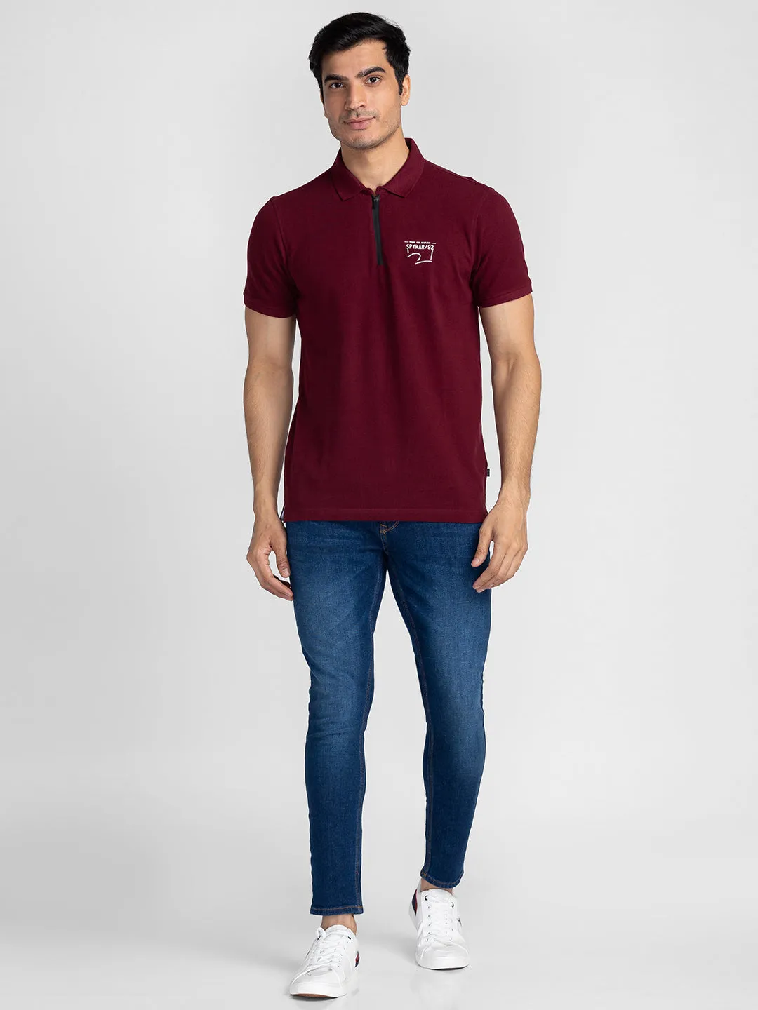 Spykar Men Wine Cotton Slim Fit Polo Printed T-Shirt