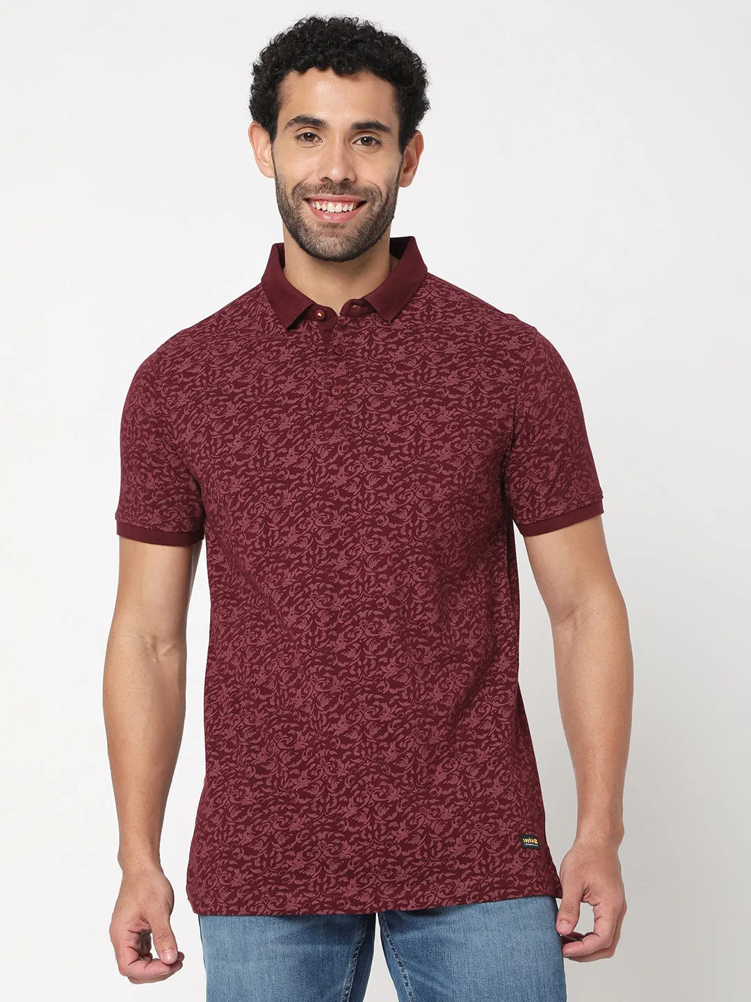 Spykar Men Wine Cotton Slim Fit Printed Polo Tshirt