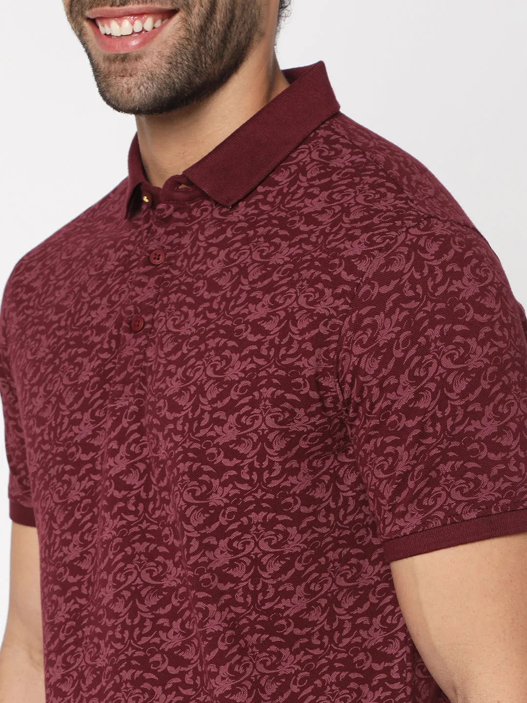 Spykar Men Wine Cotton Slim Fit Printed Polo Tshirt